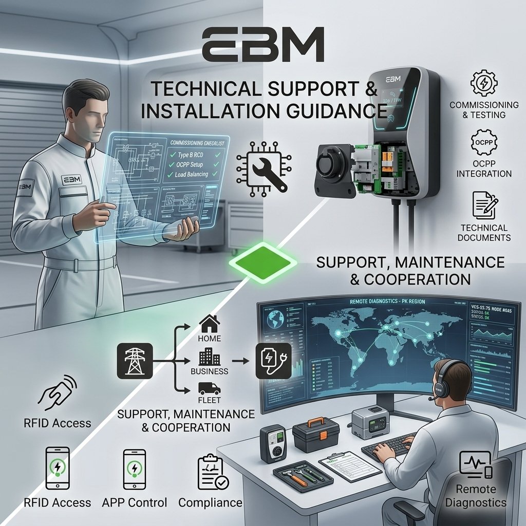 Technical Support & Installation GuidanceWe partner closely with installers, businesses, and OEM partners to ensure every unit is deployed safely and in full compliance with international standards (IEC / CE / UKCA). Pre-installation planning and wiring guidelines.System commissioning, testing, and backend OCPP management setup.